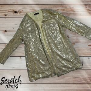 Kancy Kole Gold Sequin Open Front Jacket Women’s XL Long Sleeve Party Blazer W06